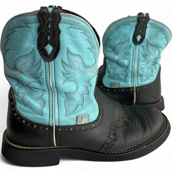 Justin Leather Turquoise Black Roper Western Cowgirl Cowboy Boots Women's 8.5 B - Picture 1 of 13